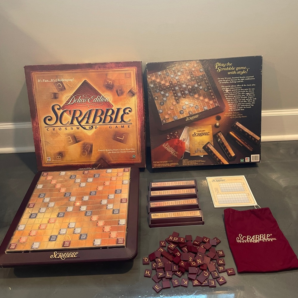 Milton Bradley Scrabble Deluxe Ed Rotating Turntable Board Game Wood Tiles 1999